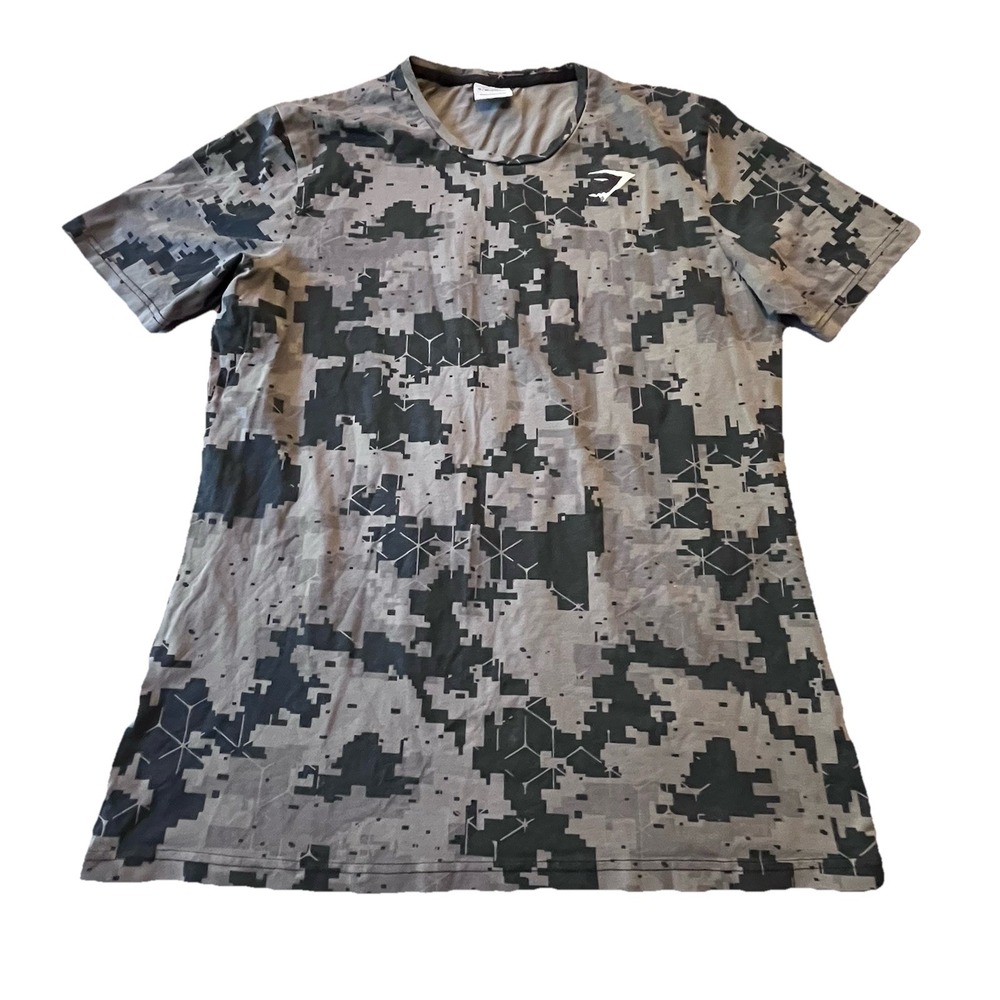 Gymshark Black Gray Digital Camo Critical Tee‎ Cotton Men's Large Gym Workout